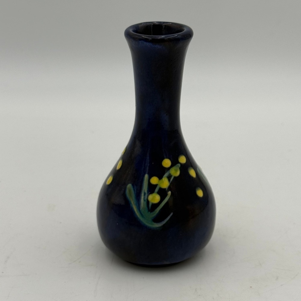 Vintage Studio Pottery Cobalt Blue Floral Bud Vase Hand Painted Miniature 5.25in